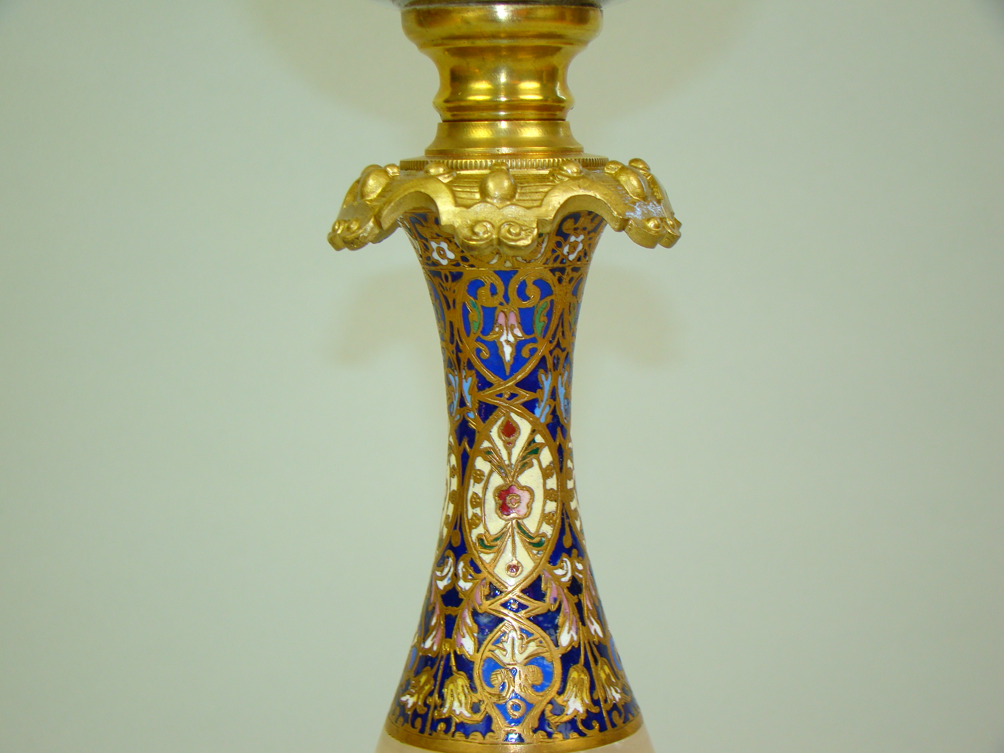 LAMPA NAFTOWA MOSIĄDZ ZŁOCONY MAJOLIKA UNIKAT